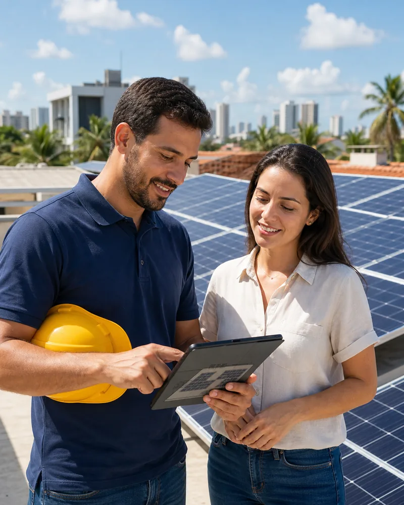 Profissional apresentando um projeto de energia solar ao cliente